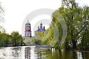 The Church of the Forty Martyrs on the Trubezh River among the trees.