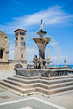 Church and fountain in Rhodes town. Rhodes