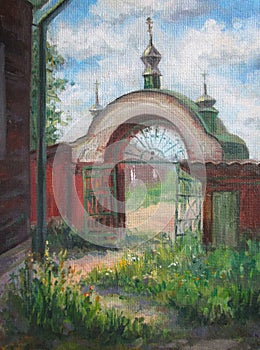 Church gates in summer, sunny day, oil painting