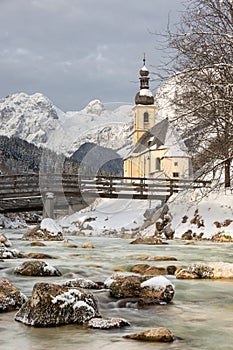 Church with German Alps in Ramsau, Bavaria