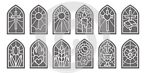 Church glass windows. Stained mosaic catholic and christian frames with cross. Vector gothic medieval outline arches