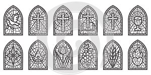 Church glass windows. Stained mosaic catholic and christian frames with cross. Vector gothic medieval outline arches