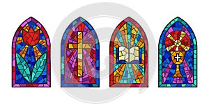 Church glass windows. Stained mosaic catholic frames with cross, book and religious symbols. Vector set isolated on