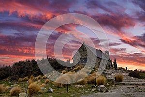 Church of the Good Shepherd at Lake Tekapo In the winter morning, Twilight sky and clouds are very beautiful