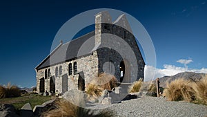 The Church of good shepherd one of the tourist attraction spot, Lake Tekapo New zealand, view from the side with afternoon sun lig