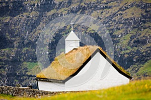Church with grass roof in Faroe islands