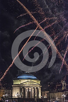 Church of the Great Mother - Turin - Piedmont - Italy - Fireworks at city celebration of Saint John
