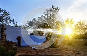 Church, Greece, Crete Island: cozy little blue white church chapel in traditional colors which perched on the greek sea