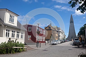 Church of Hallgrimur at the end of a street in Reykjavik.