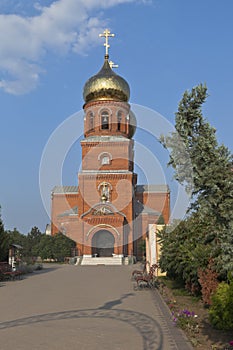 Church of the Holy Great Martyr Panteleimon in the rays of the setting sun in the city of Slavyansk-on-Kuban, Krasnodar region