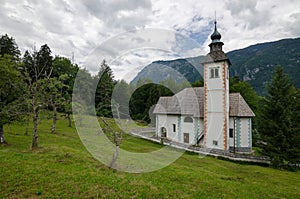 Church of The Holy Spirit on the bank of Bohinj lake, Bohinj, Slovenia, Europe