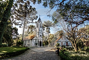 Church and houses at Immigrant Village Park & x28;Parque Aldeia do Imigrante& x29; - Nova Petropolis, Rio Grande do Sul, Brazil