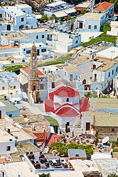 Church and houses in lindos, rhodes, greece