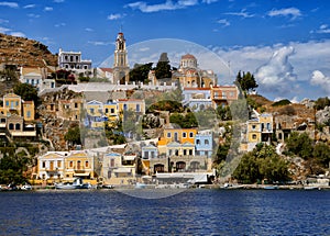 Church and houses of the Symi Island. Greece