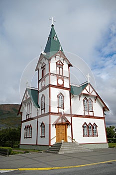 The church at Husavik harbour in Iceland