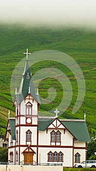 Church in Husavik, small town and harbor in north Iceland