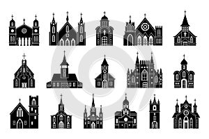 Church icons, chapel buildings silhouettes. Simple city exteriors, sanctuary basilica signs, garish religion. Temple