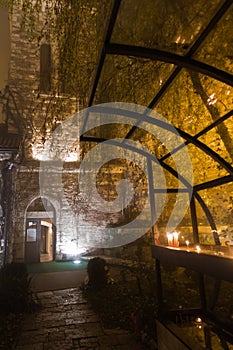 Church inside Kalemegdan fortress at foggy evening in Belgrade