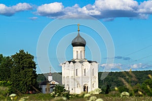 Church of the Intercession of the Holy Virgin on the Nerl River on the bright summer day.