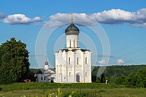 Church of the Intercession of the Holy Virgin on the Nerl River on the bright summer day.