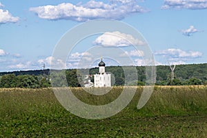 Church of the Intercession of the Holy Virgin on the Nerl River on the bright summer day.