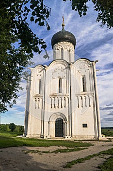 Church of the Intercession of the Holy Virgin on the Nerl River on the bright summer day.