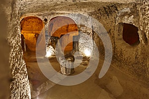 Church interior in ancient underground city of Kaymakli. Cappadocia, Turkey