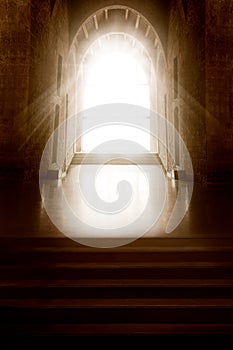 Church Interior. Window Light in Dark Inside Room. Shining Door in front Empty Steps. Mystery Background