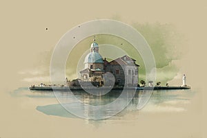 The Church on the island (Gospa OD Skrpjela) in Perast, Montenegro. Watercolor sketch. Sepia. photo