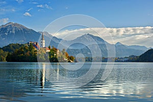 Church on the island of Lake Bled photo