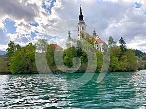 Church on the island of Lake Bled photo