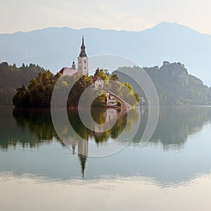 A church on the island in lake Bled in Slovenia