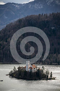 The church on an island on Lake Bled in Slovenia