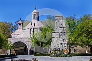 Church and khachkar, cross-stone in Etchmiadzin Cathedral, Vagharshapat, Armenia