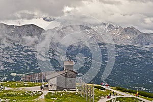 Church on Krippenstein of the Dachstein Mountains with the Dachstein Glacier in the background