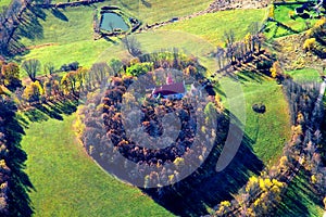 Church in Kvetnov - autumn aerial photo