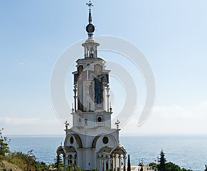 Church-lighthouse of St. Nicholas Miracle-Worker of Myra. Temple of St. Nicholas Mira patron saint of travelers and sailors