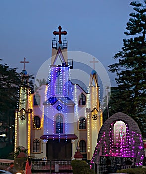 Church with lighting on occasion of Christmas. photo