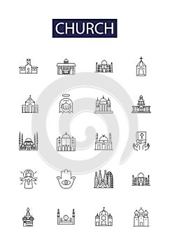 Church line vector icons and signs. sanctuary, chapel, congregation, faith, worship, religion, divinity, scripture