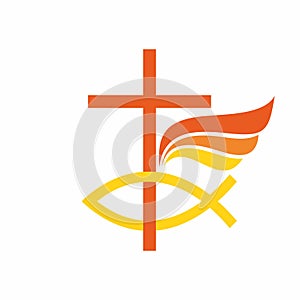 Church logo. The Bible, the Cross of Jesus, world, angel