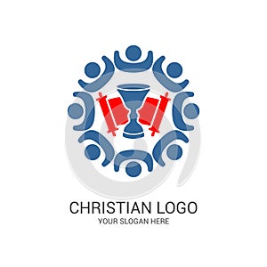 Church logo and biblical symbols. The unity of believers in Jesus Christ, the worship of God, participation in the evening