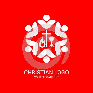 Church logo and biblical symbols. The unity of believers in Jesus Christ, the worship of God, participation in the evening