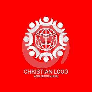 Church logo and biblical symbols. The unity of believers in Jesus Christ, the worship of God, participation in the evening