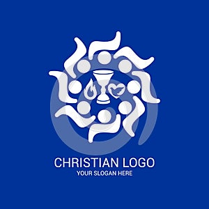 Church logo and biblical symbols. The unity of believers in Jesus Christ, the worship of God, participation in the evening