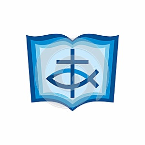 Church logo. Christian symbols. Bible, cross and Jesus fish