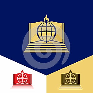 Church logo. Christian symbols. The Bible, the cross of Jesus and the globe, the world