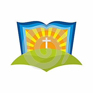 Church logo. Christian symbols. Bible, sun and cross