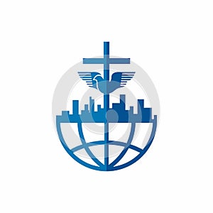 Church logo. Christian symbols. City, Globe, Jesus` cross and dove - the Holy Spirit