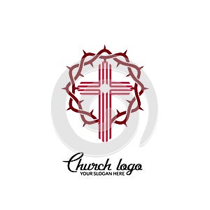 Church logo. Christian symbols. Cross on the background of the crown of thorns
