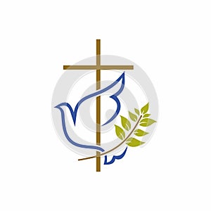 Church logo. Christian symbols. Cross, dove and olive branch. photo